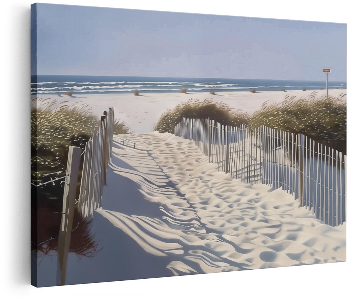 Artaza Canvas Schilderij Kunstwerk van een Strand met Zand en een Hek - Landschap - 180x120 cm - Groot - Wanddecoratie Woonkamer - Schilderijen - Muurdecoratie