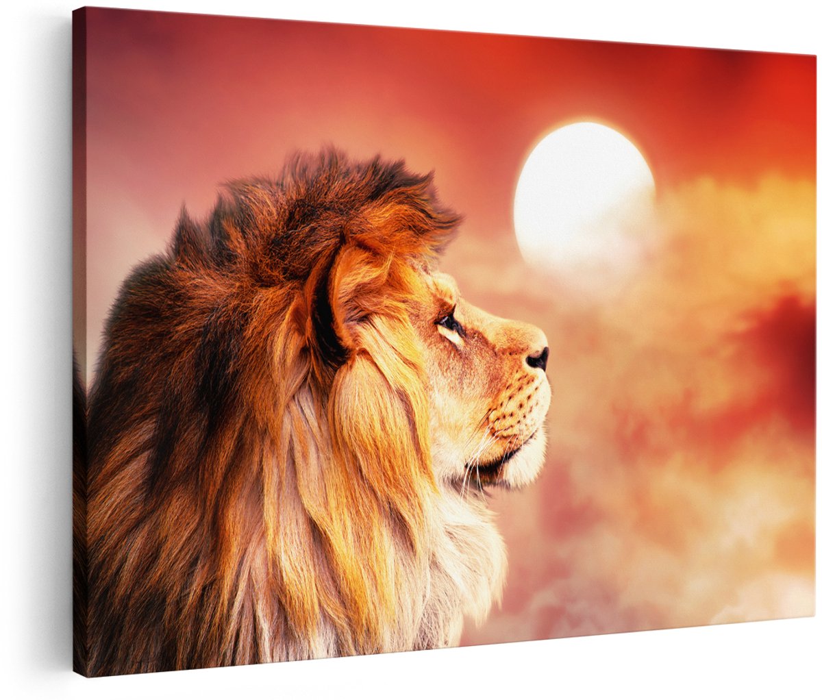 Artaza Canvas Schilderij Leeuw - Leeuwenkop - Tijdens Zonsopkomst - 180x120 cm - Groot - Foto Op Canvas - Wanddecoratie Woonkamer