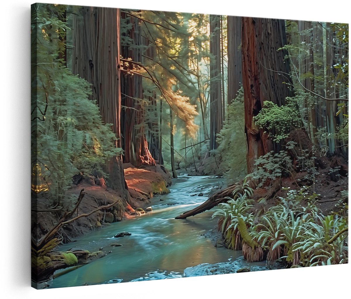 Artaza Canvas Schilderij Stroom door de Sequoia’s - 180x120 cm - Groot - Wanddecoratie Woonkamer - Schilderijen - Muurdecoratie