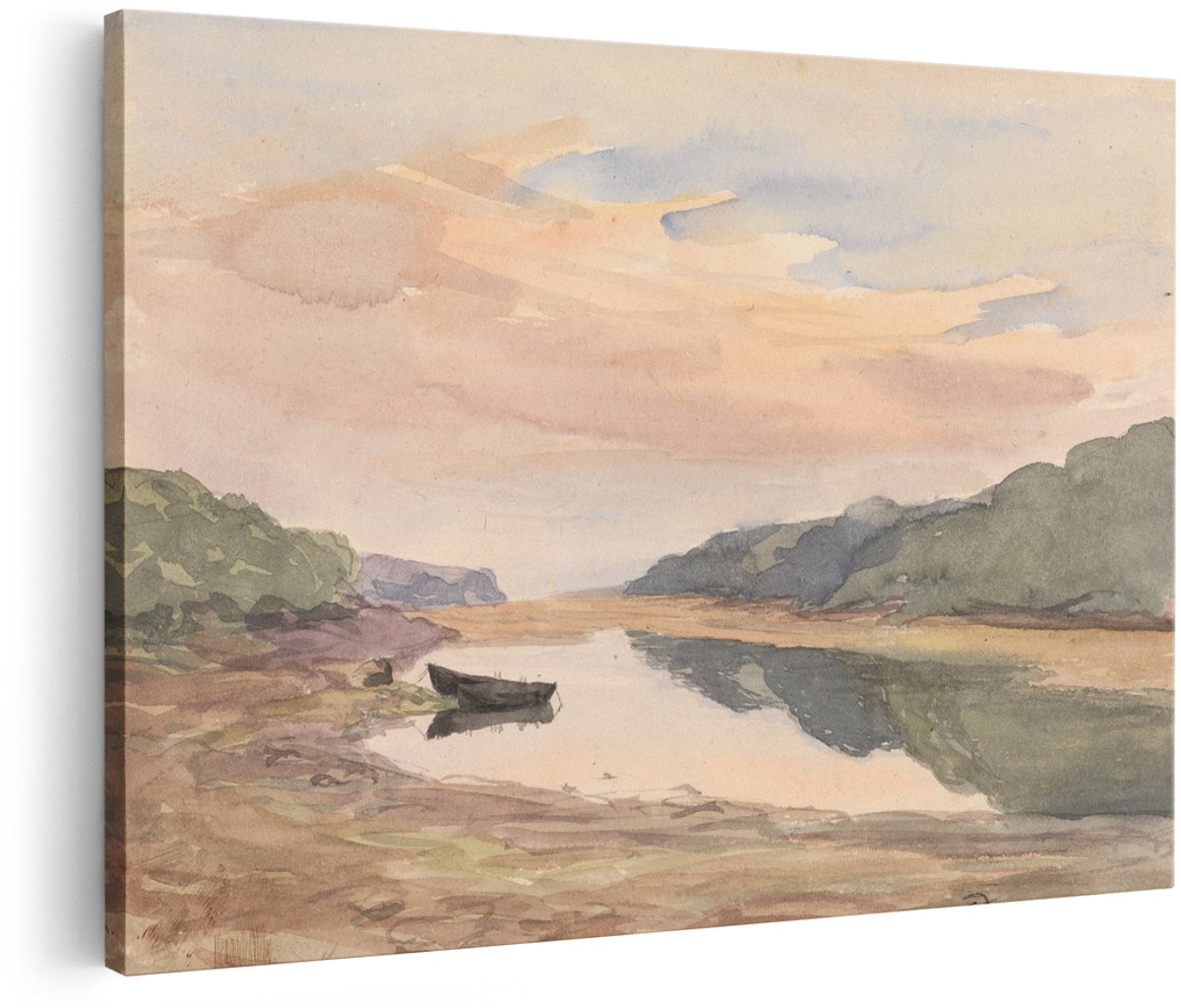Artaza Canvas Schilderij Landschap - 180x120 cm - Groot - Wanddecoratie Zonsondergang - Muurdecoratie Natuur - Decoratie Rivier Bootje - Schilderijen Op Canvas