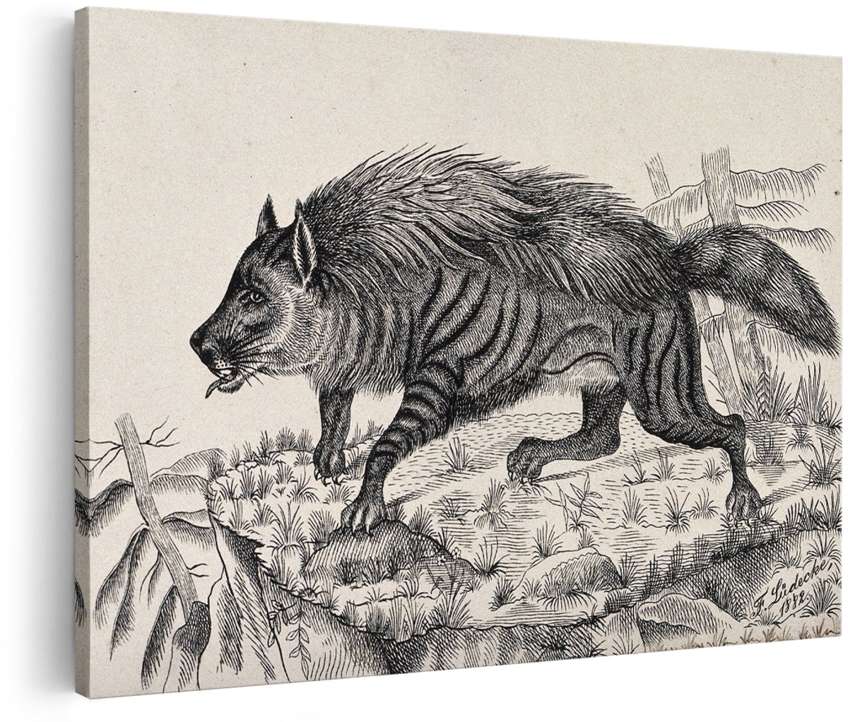Artaza Canvas Schilderij Hyena - 180x120 cm - Groot - Wanddecoratie Dieren - Muurdecoratie Vintage Gravure - Zwart Wit Schilderij Natuur