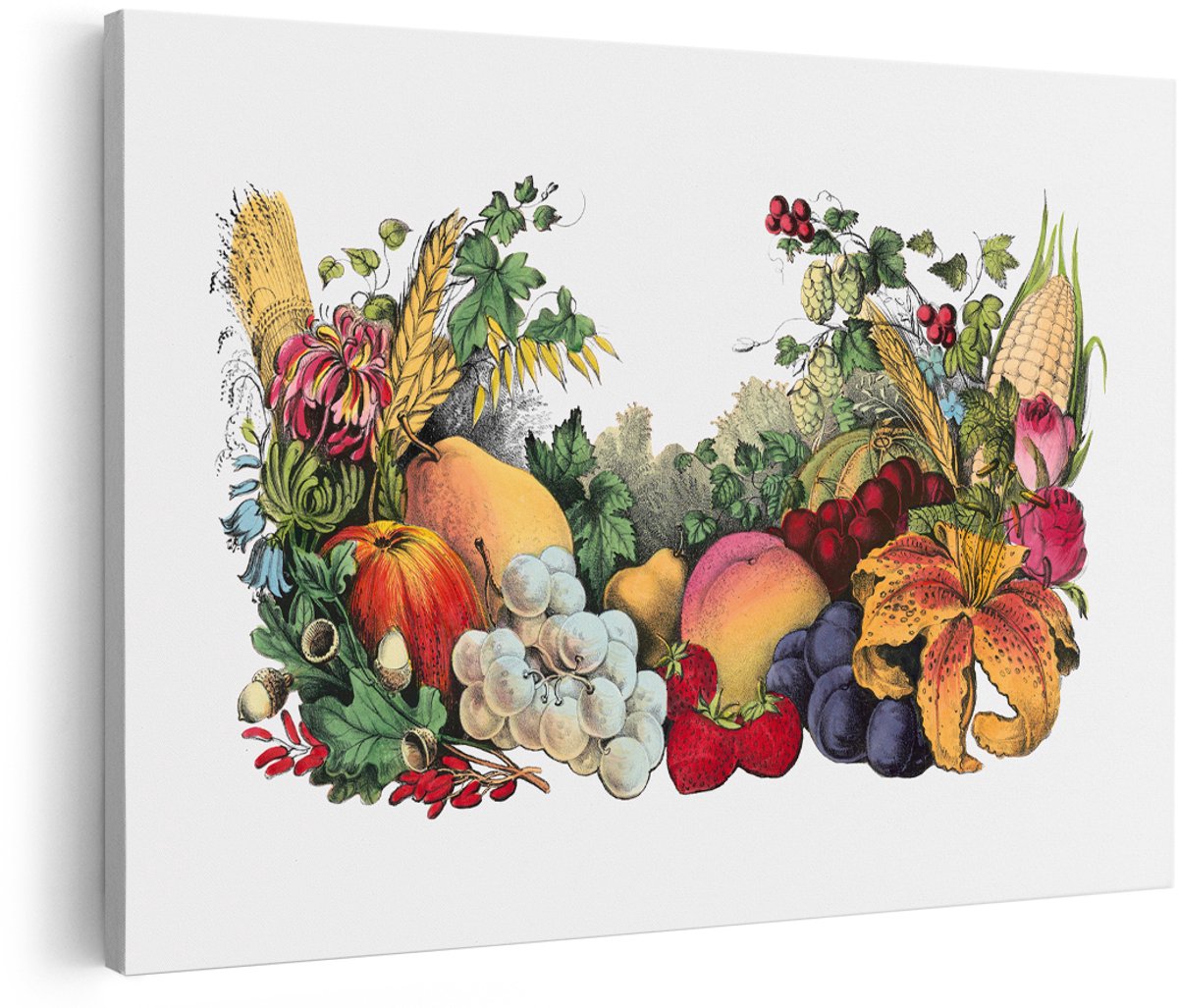 Artaza Canvas Schilderij Stilleven Fruit En Bloemen - 180x120 cm - Groot - Wanddecoratie Vintage - Muurdecoratie Natuur - Decoratie Woonkamer