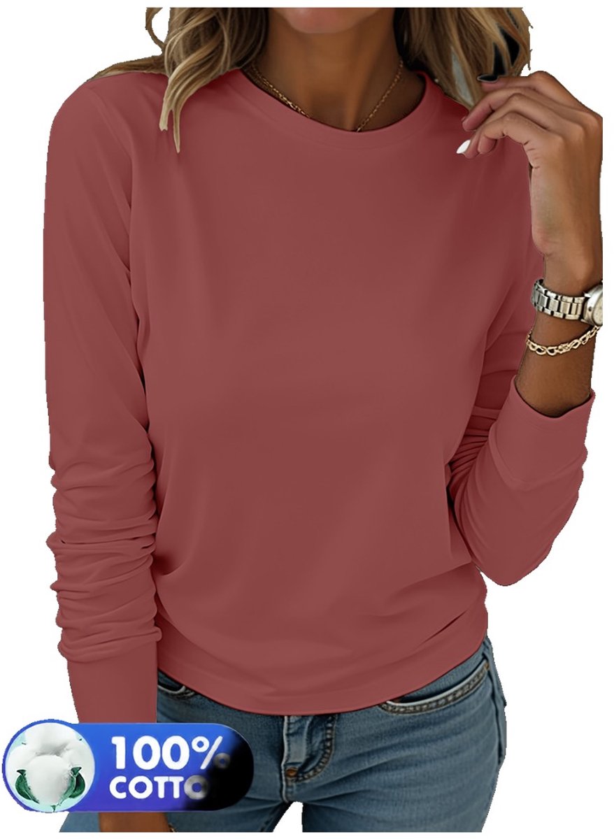 Currero Longsleeve Dames Oversized Lange Mouwen Shirt Roundneck Vrouwen Kleding T-Shirt Baksteenrood