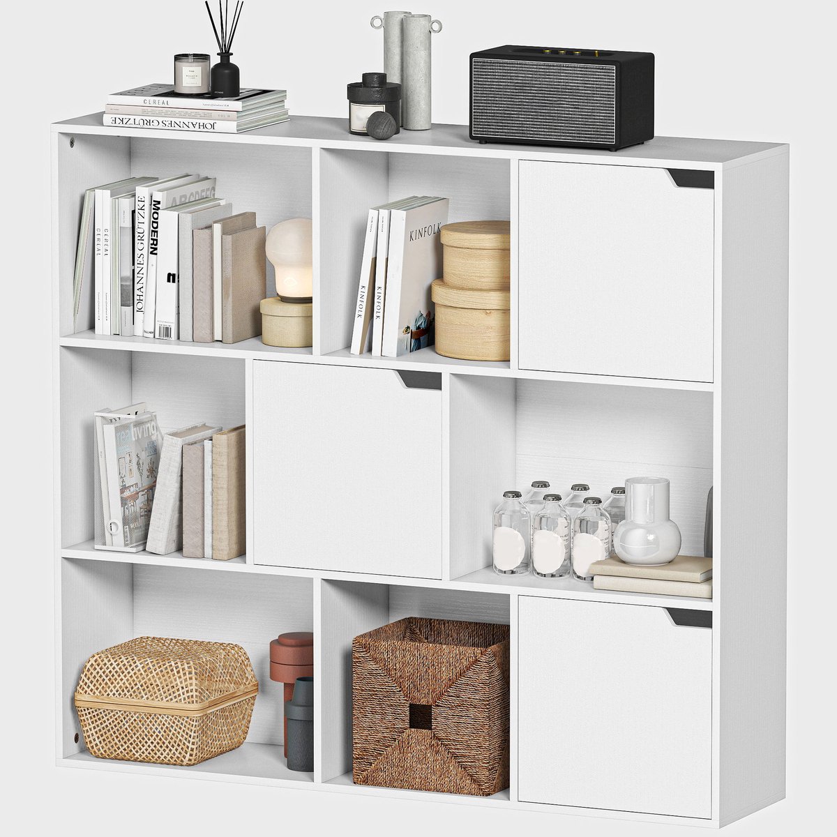 Boekenkast met 9 vakken - 3 deuren en 6 open vakken - 106 x 24 x 95 cm - wit