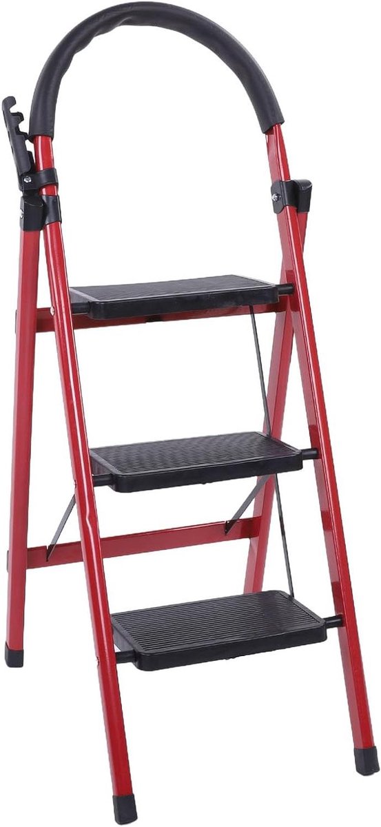 Draagbare Opvouwbare Ladder - Keukenladder - Huishoudelijk Gebruik - Brede Antislip Pedalen - 3 Treden - Rood