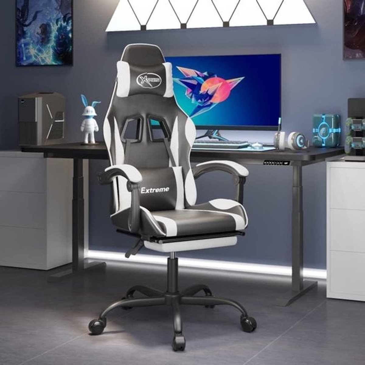 Gamingstoel met voetensteun - Comfortabele stoel - Langdurig gamen - Ingebouwde voetensteun - Zwart wit