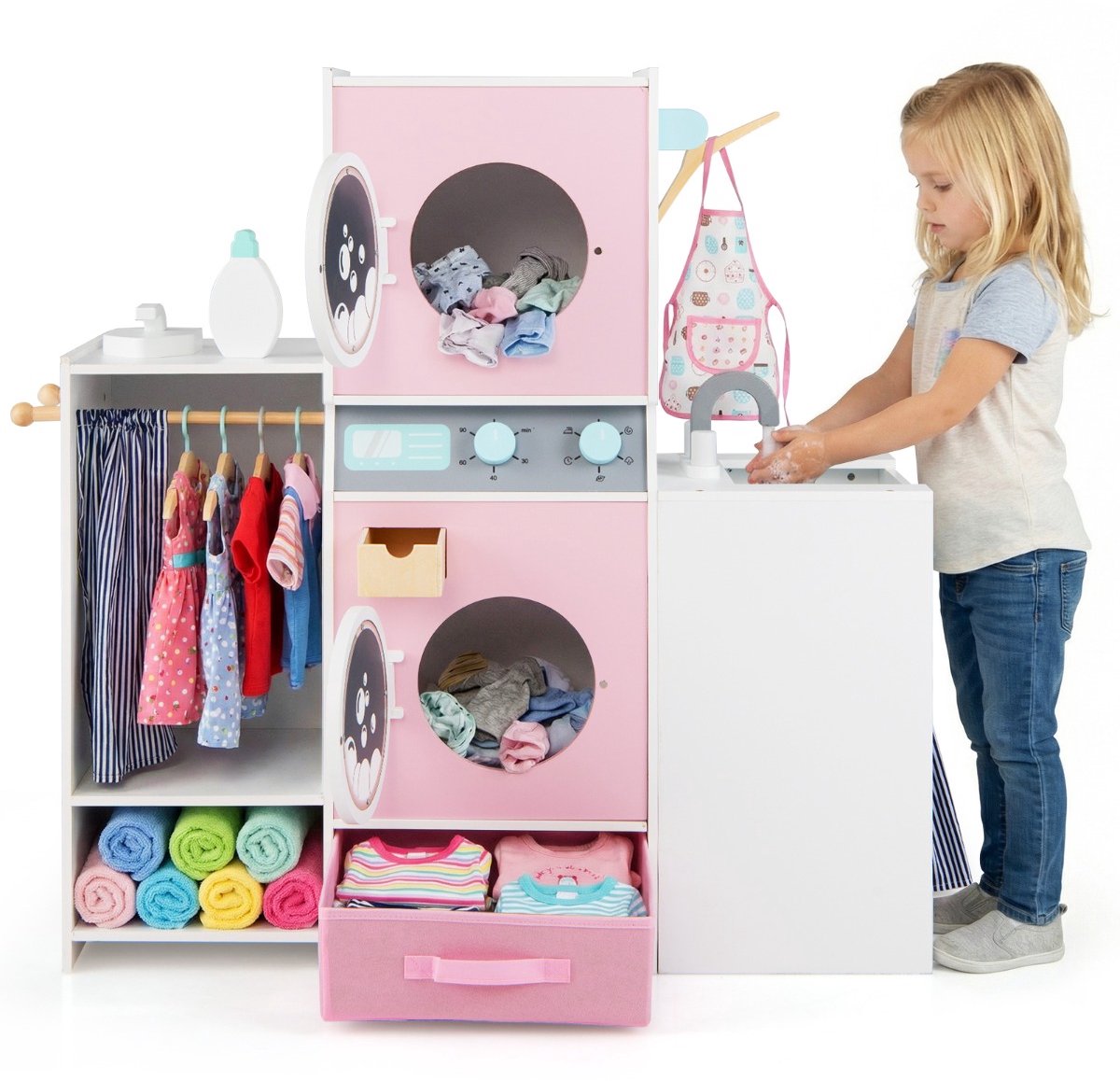 SureDeal® - Rollenspell - Houten Kinderspeelgoed Wasset - Wasmiddelfles Strijkijzer Kleerhangers - Stoffen Lade - 89x30x88 cm - Roze
