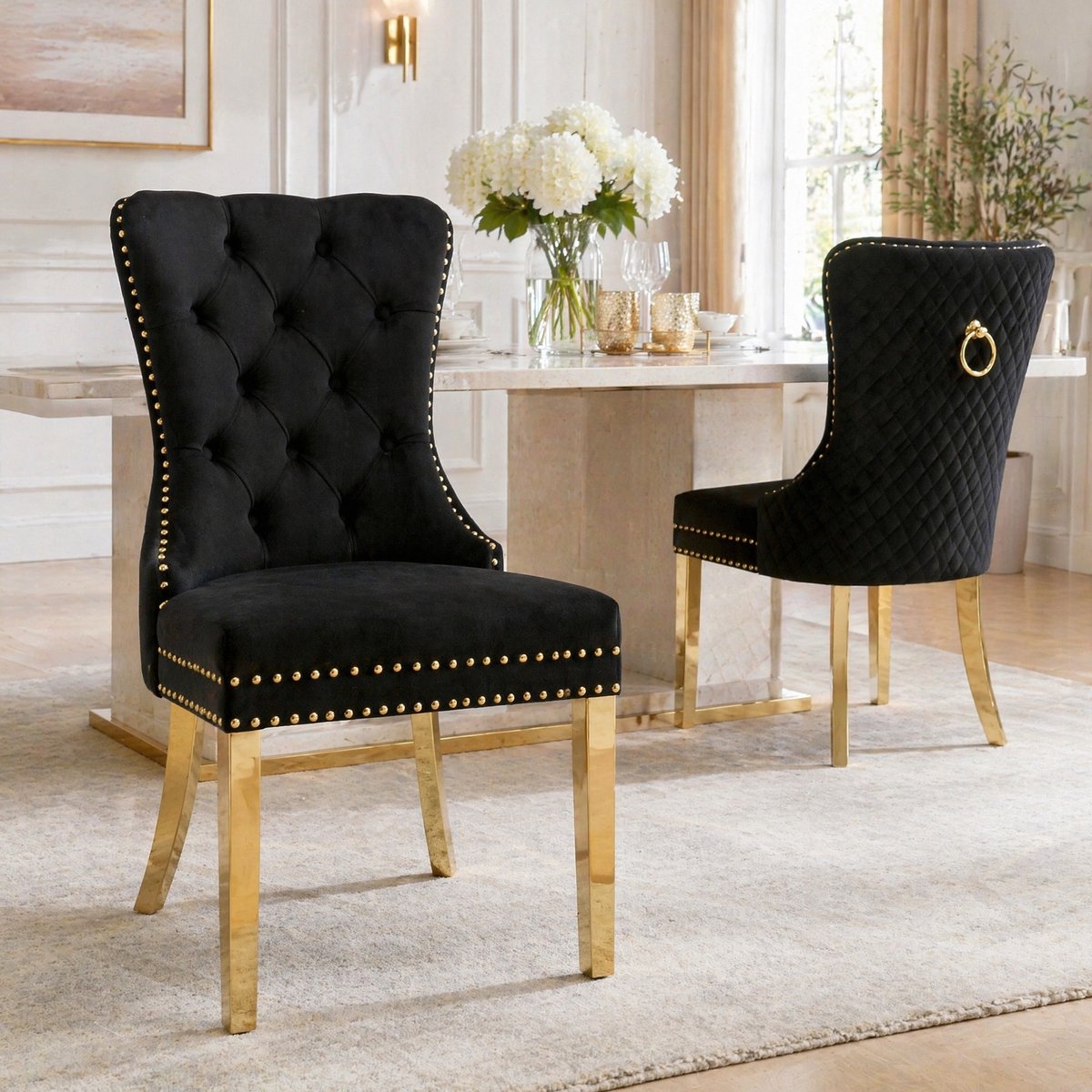 COVREO Eetkamerstoel 50,5 x 45 x 95 cm - zwart velvet, goudkleurig RVS onderstel, set van 2