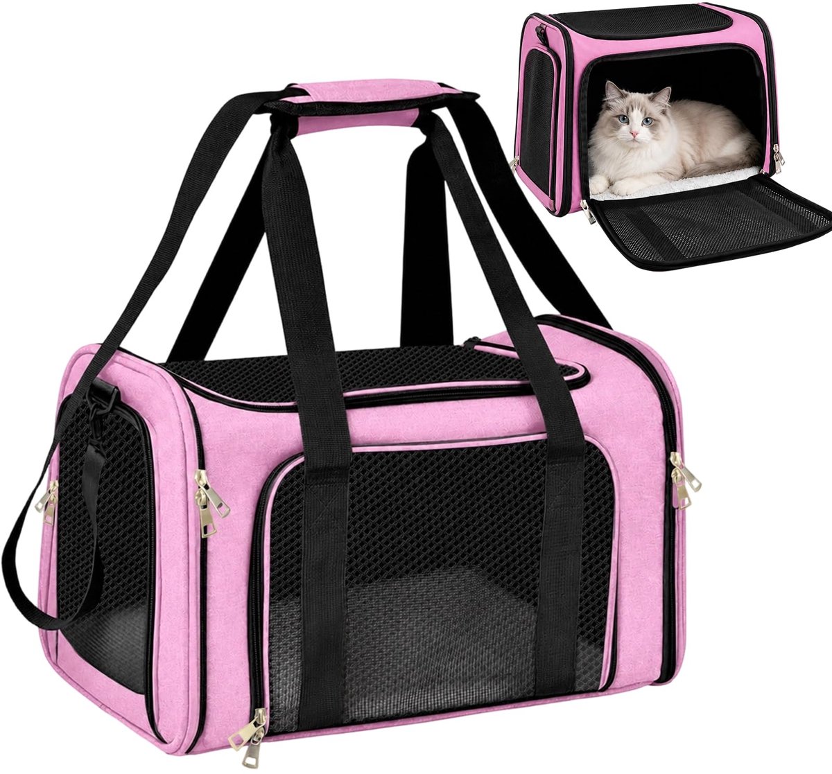SnelShoppen - Opvouwbare Draagbare Transportbox voor Katten - Geventileerde Kattentransportbox tot 8 kg - L 50 x B 34 x H 34 cm - Lichtgewicht en Roze