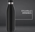 Zwarte Tefal Bludrop thermosfles met zilveren ring en de tekst "STIJLVOLLE DRINKBUS".