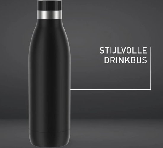Zwarte Tefal Bludrop thermosfles met zilveren ring en de tekst "STIJLVOLLE DRINKBUS".
