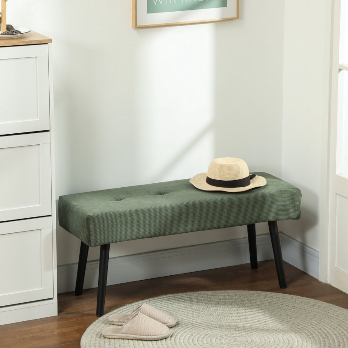 HAUSS SPOLE Bedbank – 100 x 36 x 45 cm – Getuft Design – Polyester En Staal – Groen – Voor Slaapkamer Hal En Woonkamer