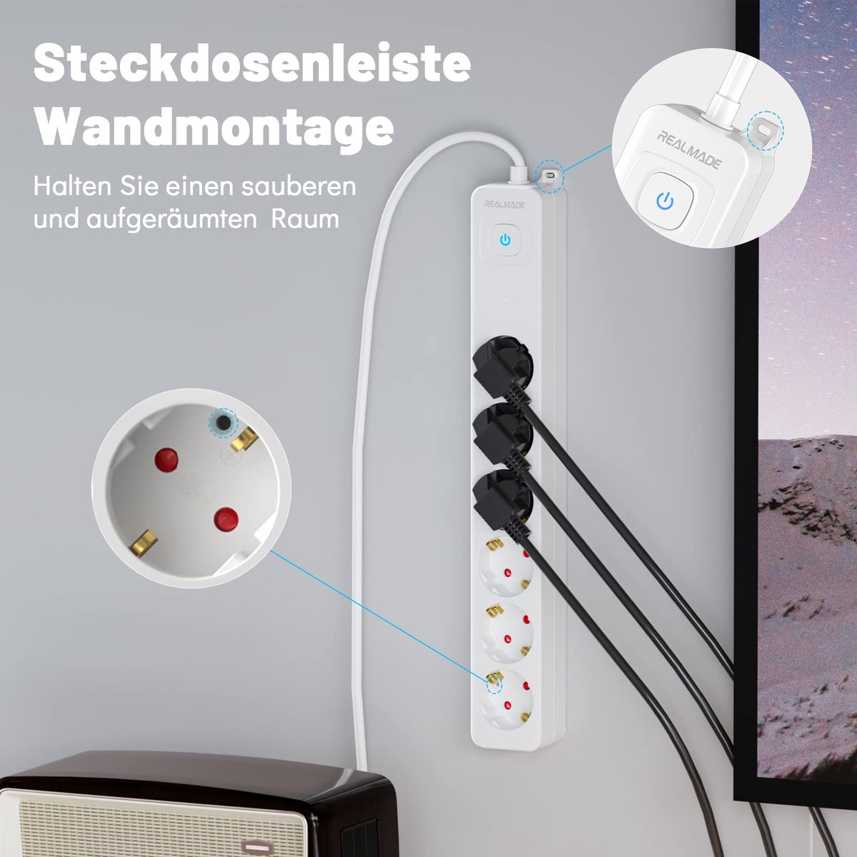 SnelShoppen - Stekkerdoos 6-voudig met Overspanningsbeveiliging, Verlengkabel Wit 3m, Meervoudige Contactdoos voor Thuis, Kantoor, Camping en Keuken -