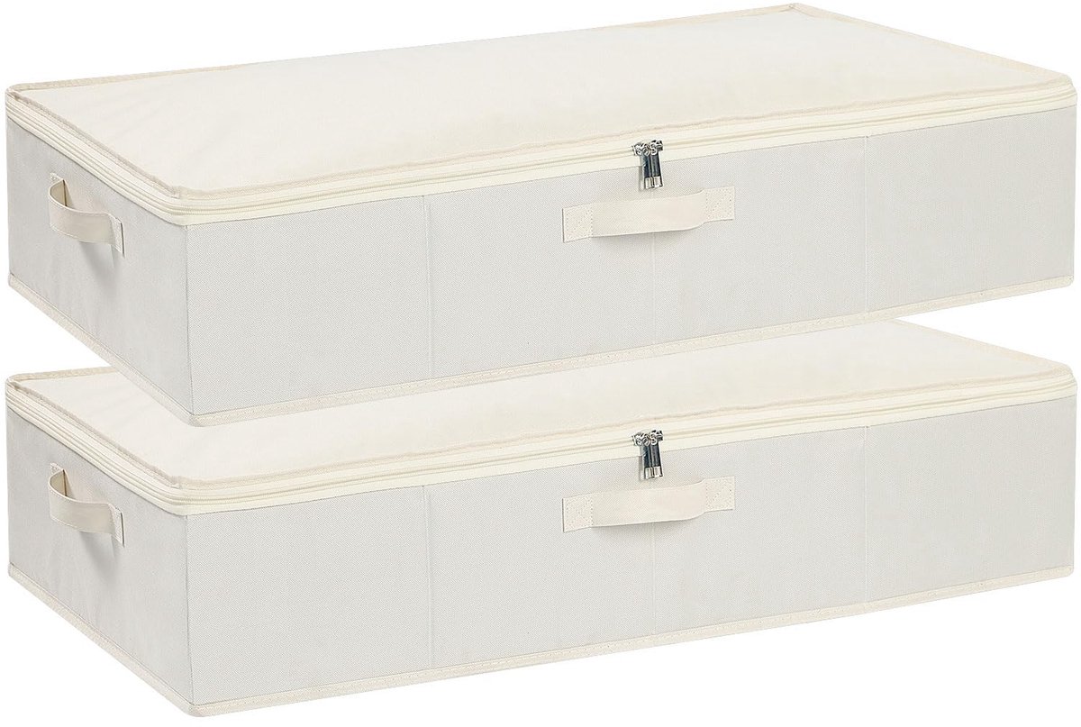 SnelShoppen - 2 stuks Onderbedbox, Beige Opbergbox met Deksel, Opvouwbare Stoffen Dozen met Versterkte Greep en Ritssluiting voor Dekbedden, Dekens en