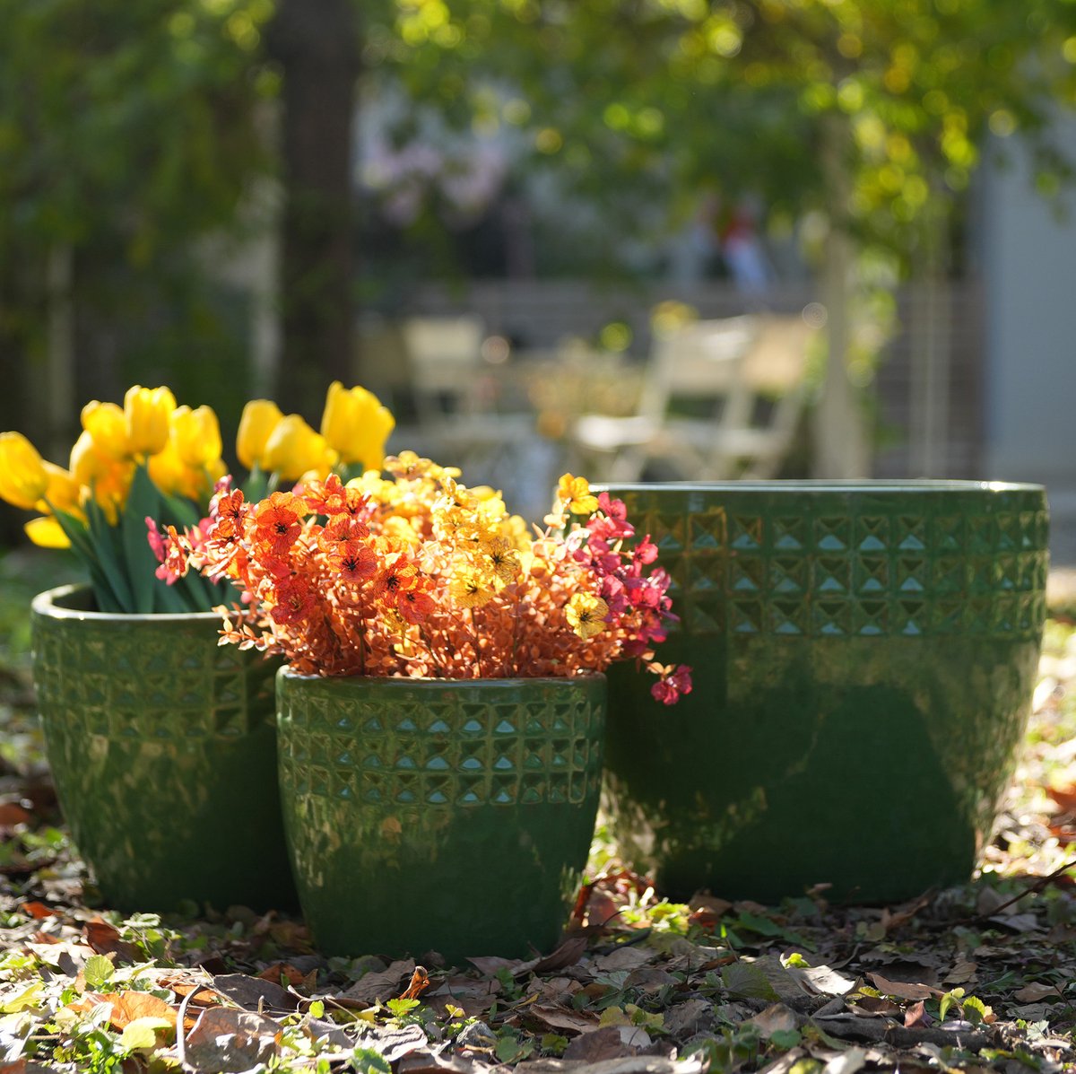Bloempot 3-delig Handgemaakt Keramiek 38,1 / 30,5 / 22,9 cm Groen Glans Geometrisch Reliëf Met Drainagegat Voor Binnen en Buiten