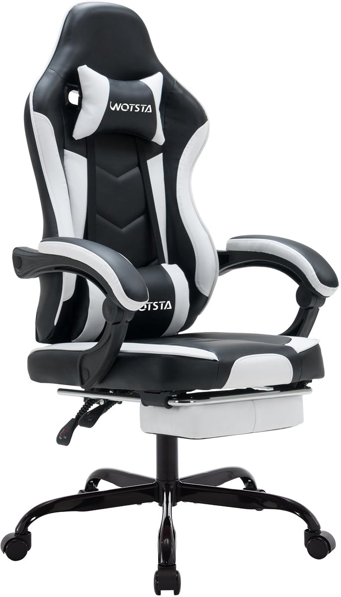 SnelShoppen - WOTSTA Gamingstoel Racing met Voetensteun, Ergonomische Bureaustoel met Lendenmassage, 135 Graden Kantelbaar, Belastbaar tot 120 kg, Com