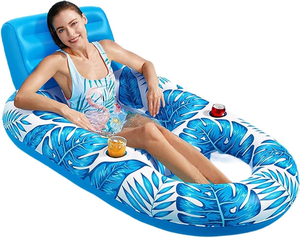 Drijvend Zwembad Ligbed - Opblaasbare Lounger - Ontspannen op Water - Met Bekerhouder - 160x120cm - Blauw