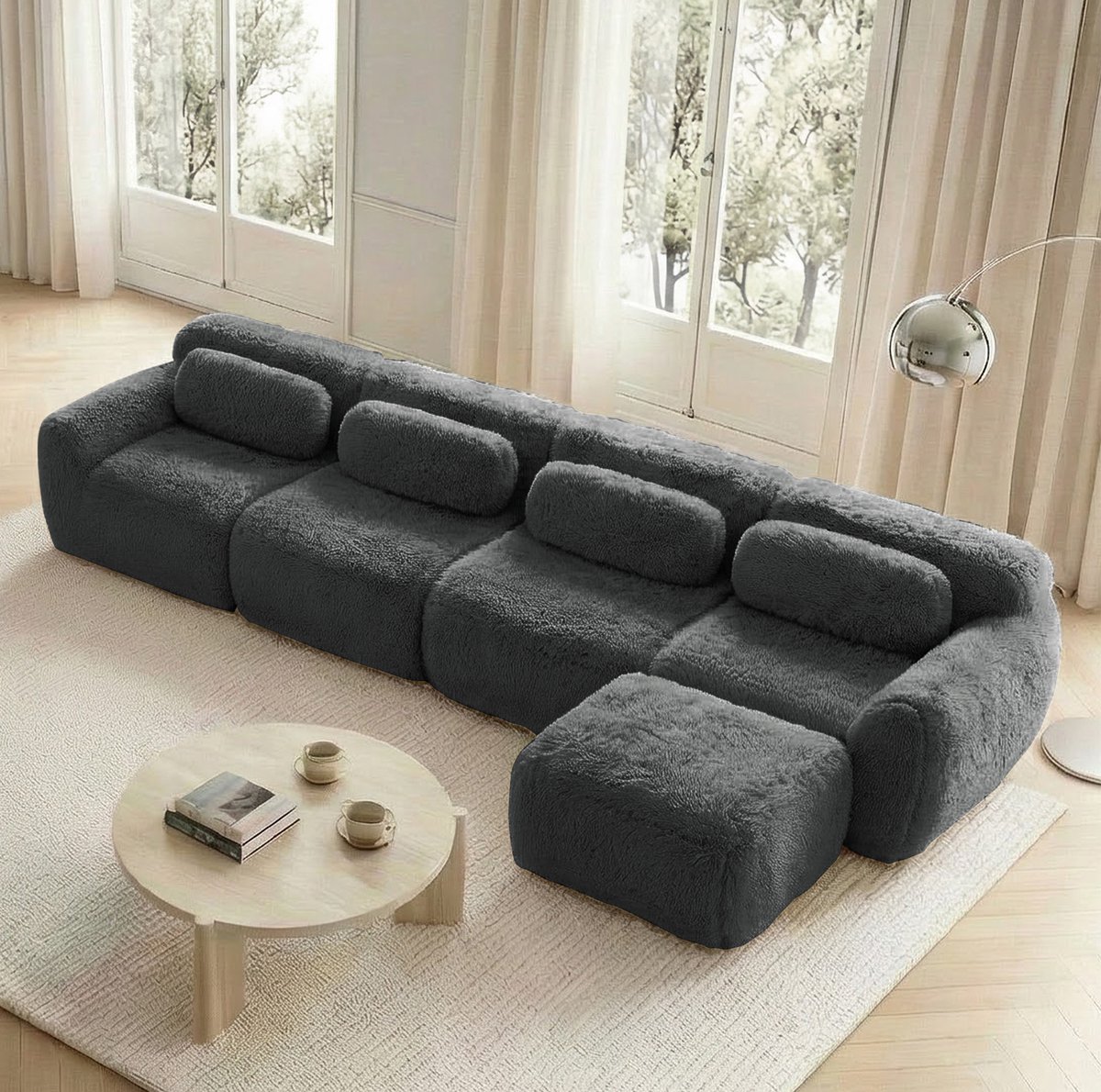 COVREO Hoekbank 378 x 179 x 73 cm - grijs pluche, modulair, 4-zits