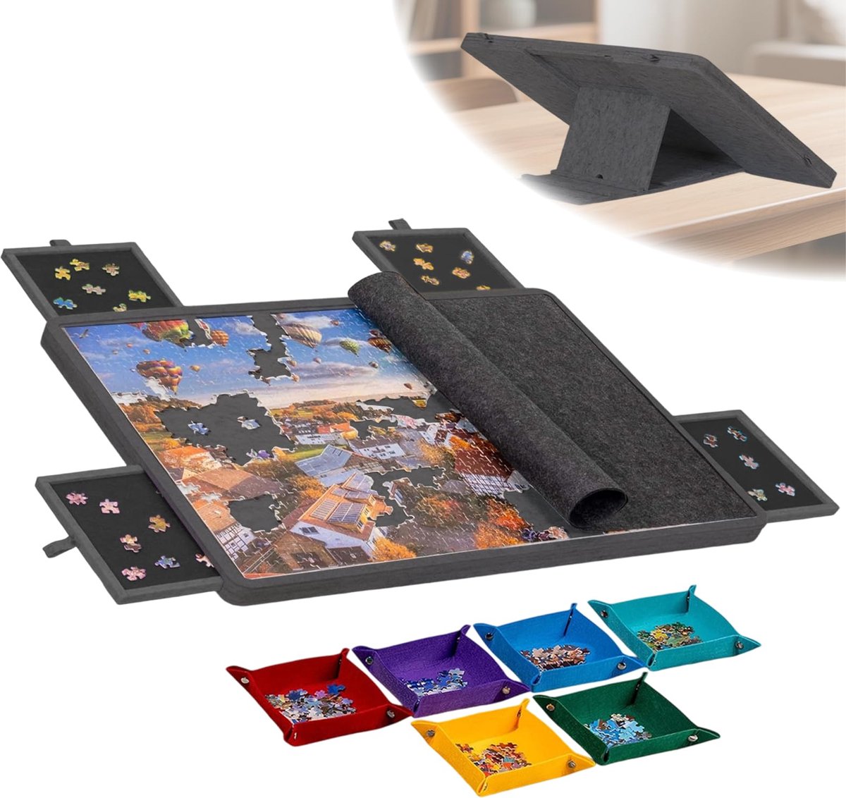 SnelShoppen - Kantelbare Puzzelplank met 4 Laden, Draagbare Puzzeltafel met 2-in-1 Standaard en Afdekking, Lichtgewicht Vilten Puzzelplateau met 6 Sor