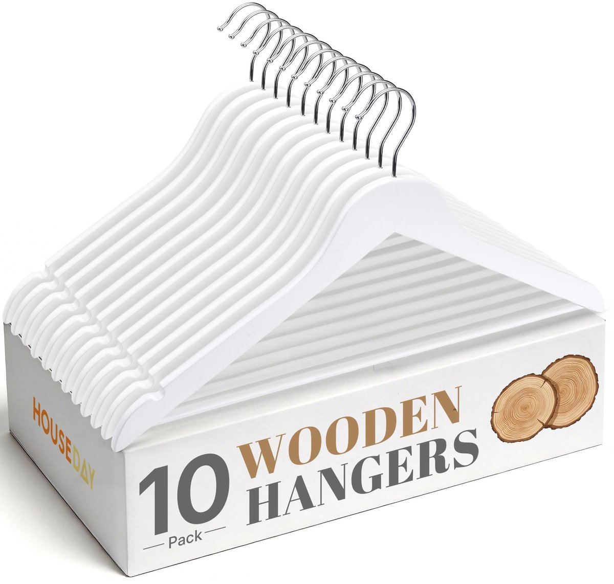 SnelShoppen - Houten Kleerhangers Wit - 10 Stuks Berkenhout - Slanke Ruimtebesparende Hangers met 360° Metalen Haken, Schouderinkepingen en Broekstang