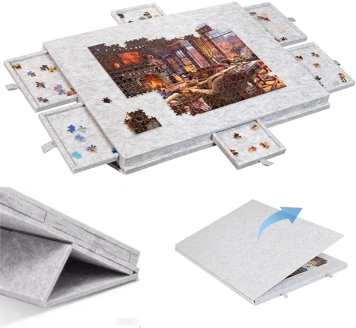 SnelShoppen - Kantelbare Puzzeltafel met 6 Laden en Afdekking - Lichte Vilt Puzzelplank voor Maximaal 1000 Stukken - 2-in-1 Standaard en Draaggreep -