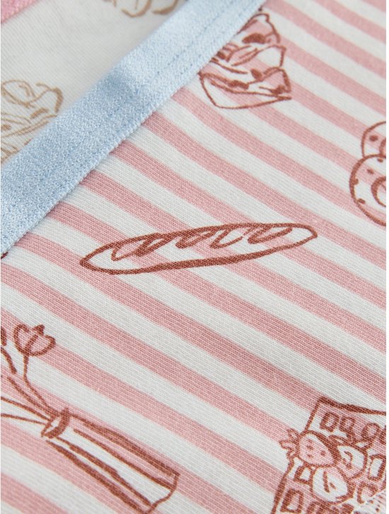 Close-up van een roze hipster met verticale witte strepen en bruine tekeningen van gebak en brood. Lichtblauwe rand.