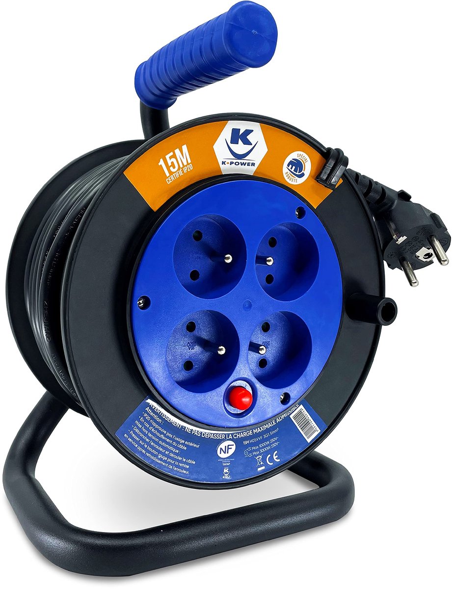 SnelShoppen - Krachtige Kabelhaspel 15m - 4 Stopcontacten IP20 - 3G1,5mm² - H05VVF 16A - Thermische Bescherming - Draaggreep - Ideaal voor Thuis, Tuin