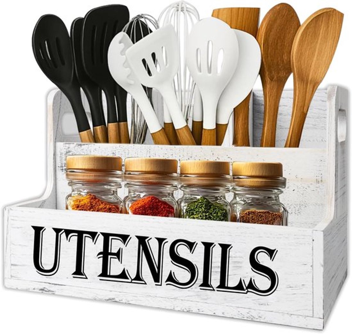 SnelShoppen - 2-Tier Keuken Gereedschap Houder met Compartmenten, 33.5 x 18 x 17.5 cm, Hout, Met Afvoergaten, Bestekmand, Rustieke Organizer, Wit