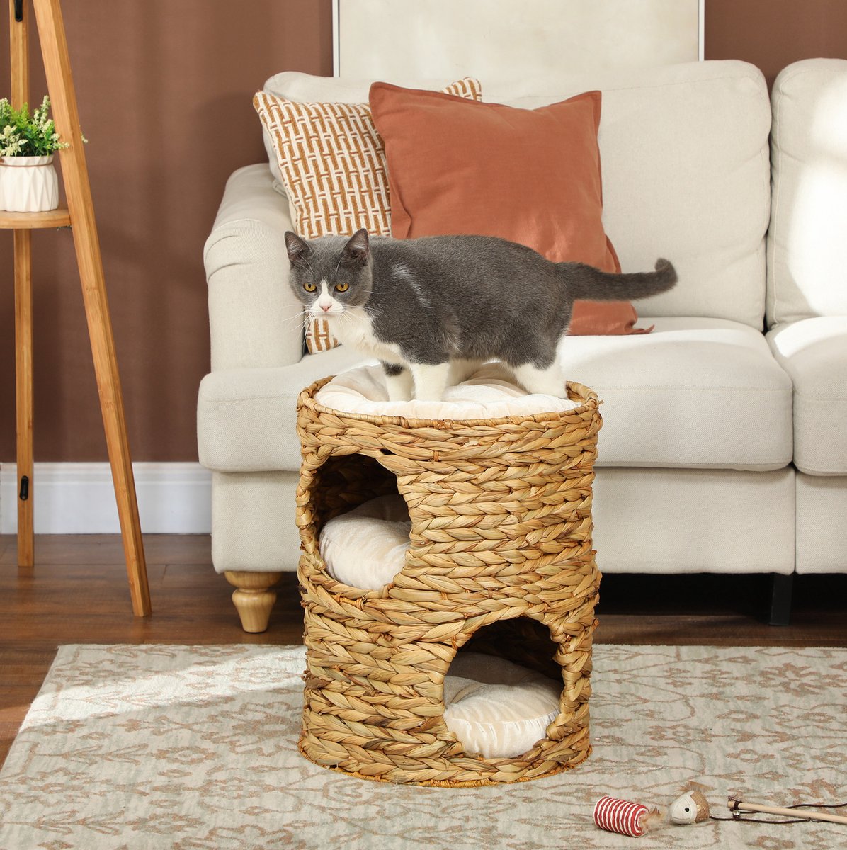 MIVRAY Krabton – 50 cm Hoog met 2 Kattengrotten – Ø40 cm – Waterhyacint en Staal – Lichtbruin – Kattenmeubel met Uitneembare Kussens
