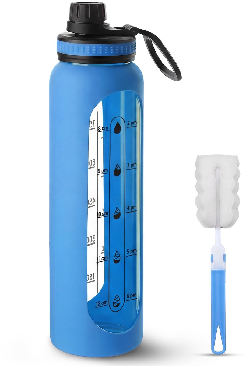 SnelShoppen - Glazen Waterfles 1L met Siliconen Hoes, Reinigingsborstel en Hydratatietijdmarkering - Ideaal voor Koude en Warme Dranken, Vaatwasserbes