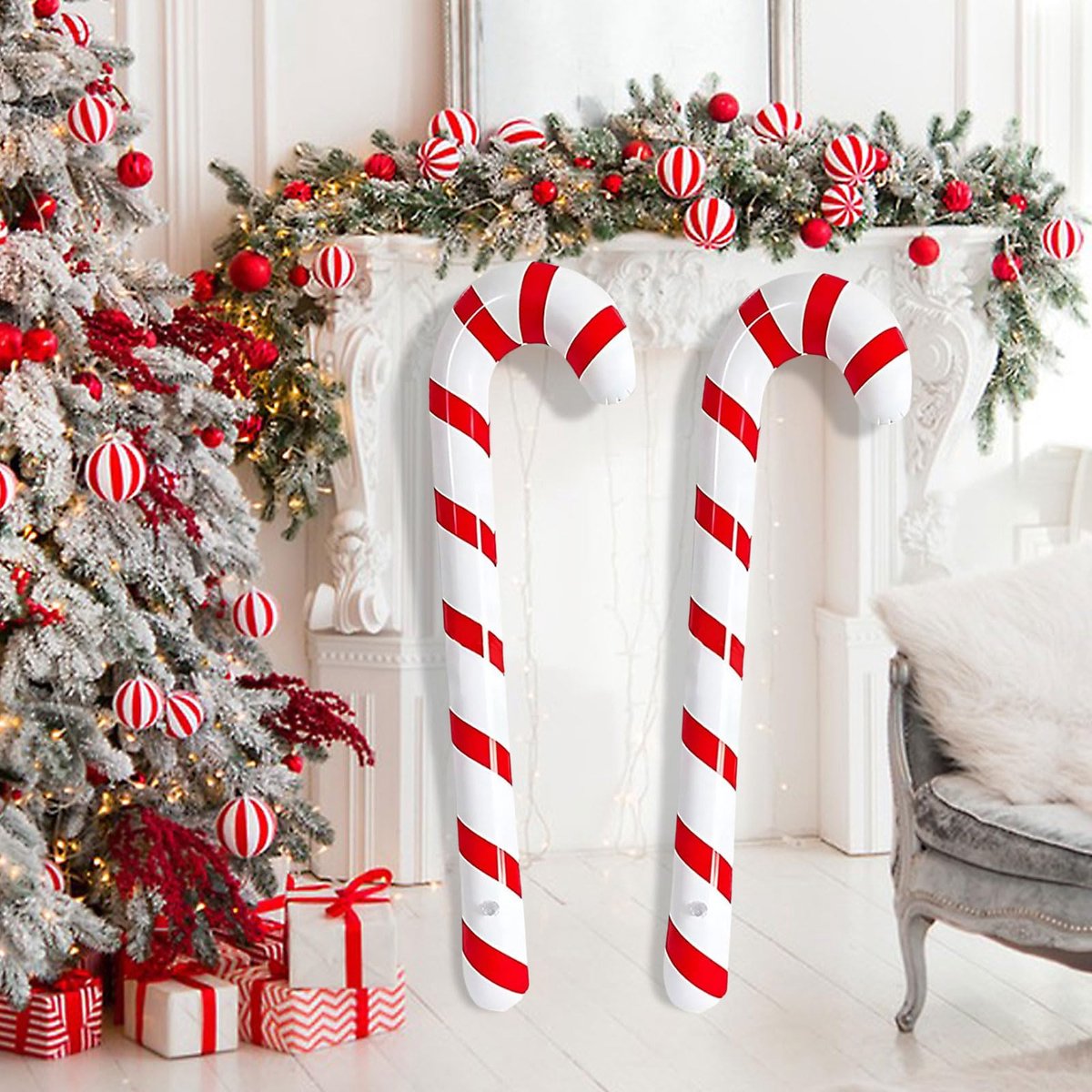 Dailygoods - Opblaasbare Kerstsuikerstang - 90 cm Rood-Wit Decoratie voor Feestdagen