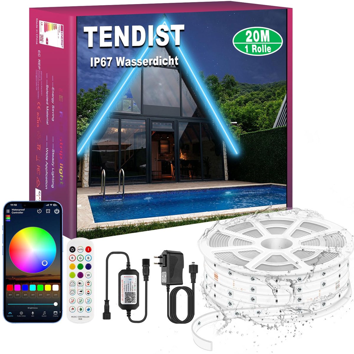 SnelShoppen - 20M IP67 RGB LED-strip voor buiten, waterdichte Bluetooth outdoor LED-strip met app, afstandsbediening, muzieksynchronisatie, zelfkleven