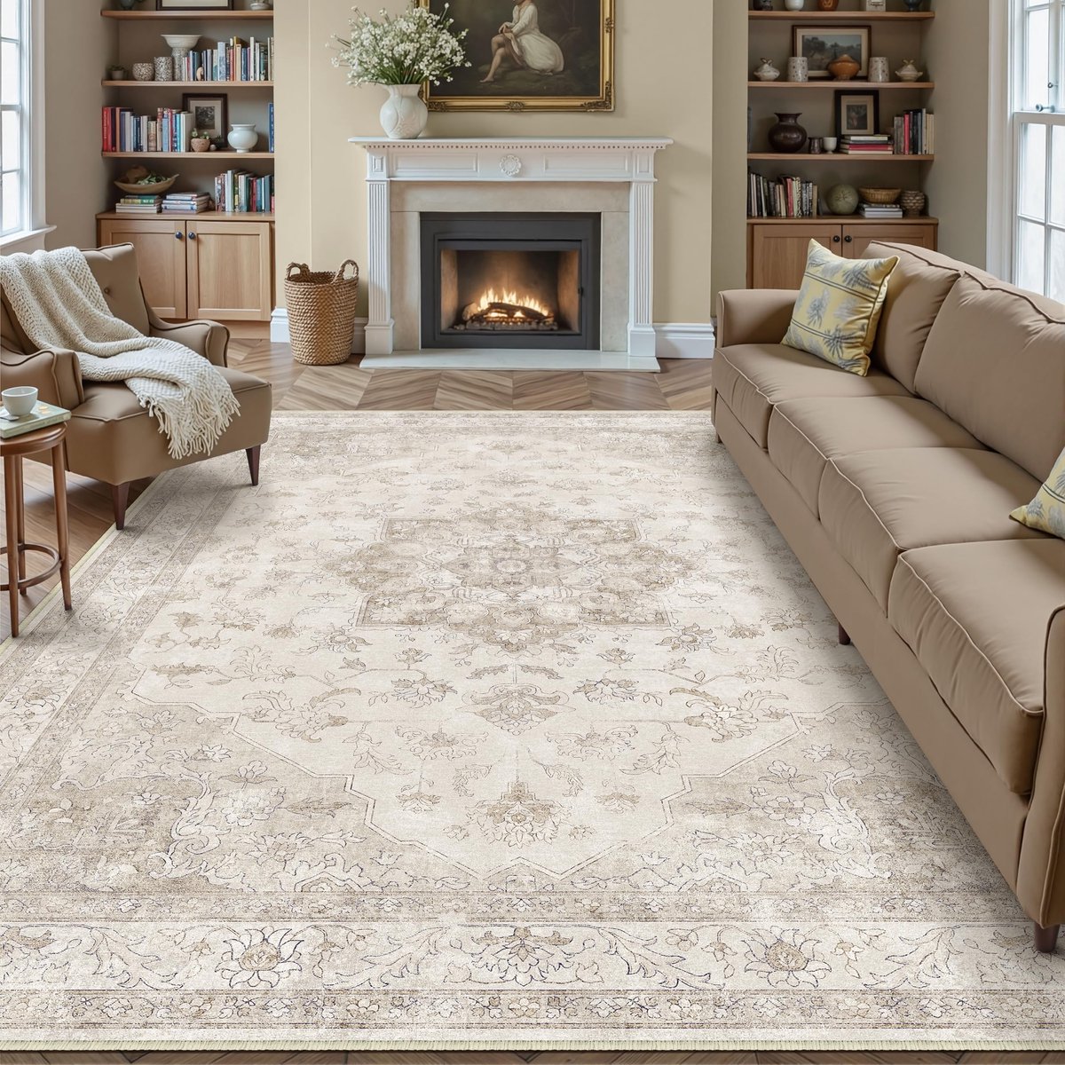 SnelShoppen - Vintage Tapijt 300x400cm Beige - Wasbaar Antislip Vloerkleed voor Woonkamer, Slaapkamer, Kinderkamer, Eetkamer, Kantoor - Zacht Kortpoli