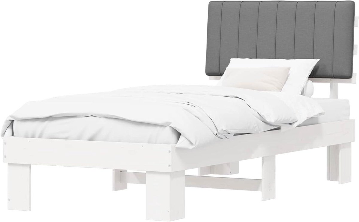 Bedframe Grenenhout - Houten bedombouw - Slaapkamer Inrichten - Gevoerd Hoofdeinde - 90 x 200 cm - Lichtgrijs