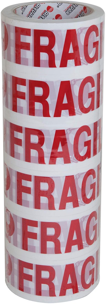 SnelShoppen - Breekbaar Plakband 50 mm x 66 m met Fragile Opschrift - 6 Stuks Rood-Wit - Perfect voor Verpakken, Verzenden en Opslaan