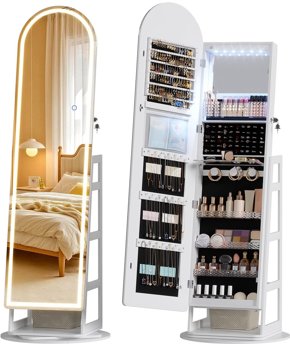 SnelShoppen - LVSOMT LED Spiegel Sieraden Kast Staand - Afsluitbare Sieraden Armoire met Gebogen Volledige Lengte Spiegel en Verstelbare LED Verlichti
