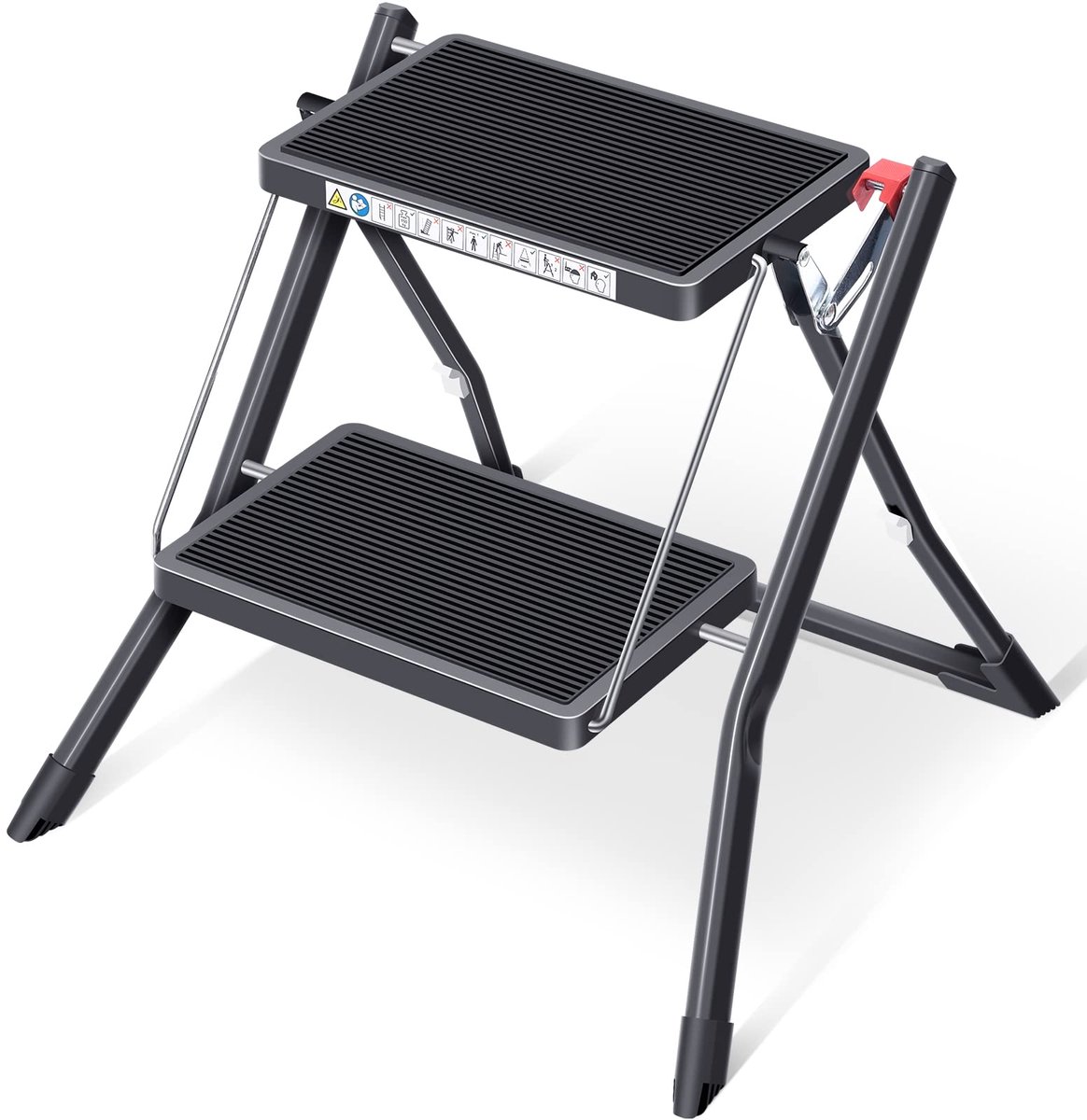 SnelShoppen - Trapladder 2 Treden - Draagbare Opstapkruk - Inklapbaar met Handgreep - Stalen Vouwladder met Groot Platform - Slanke Huishoudtrap - Vou