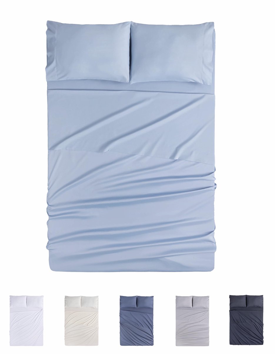 SnelShoppen - 4-delige beddengoedset lichtblauw, hoeslaken, 2 kussenslopen 50x80 cm, voor bed 90x190/200 cm, geborsteld microvezel, vrolijke slaapkame