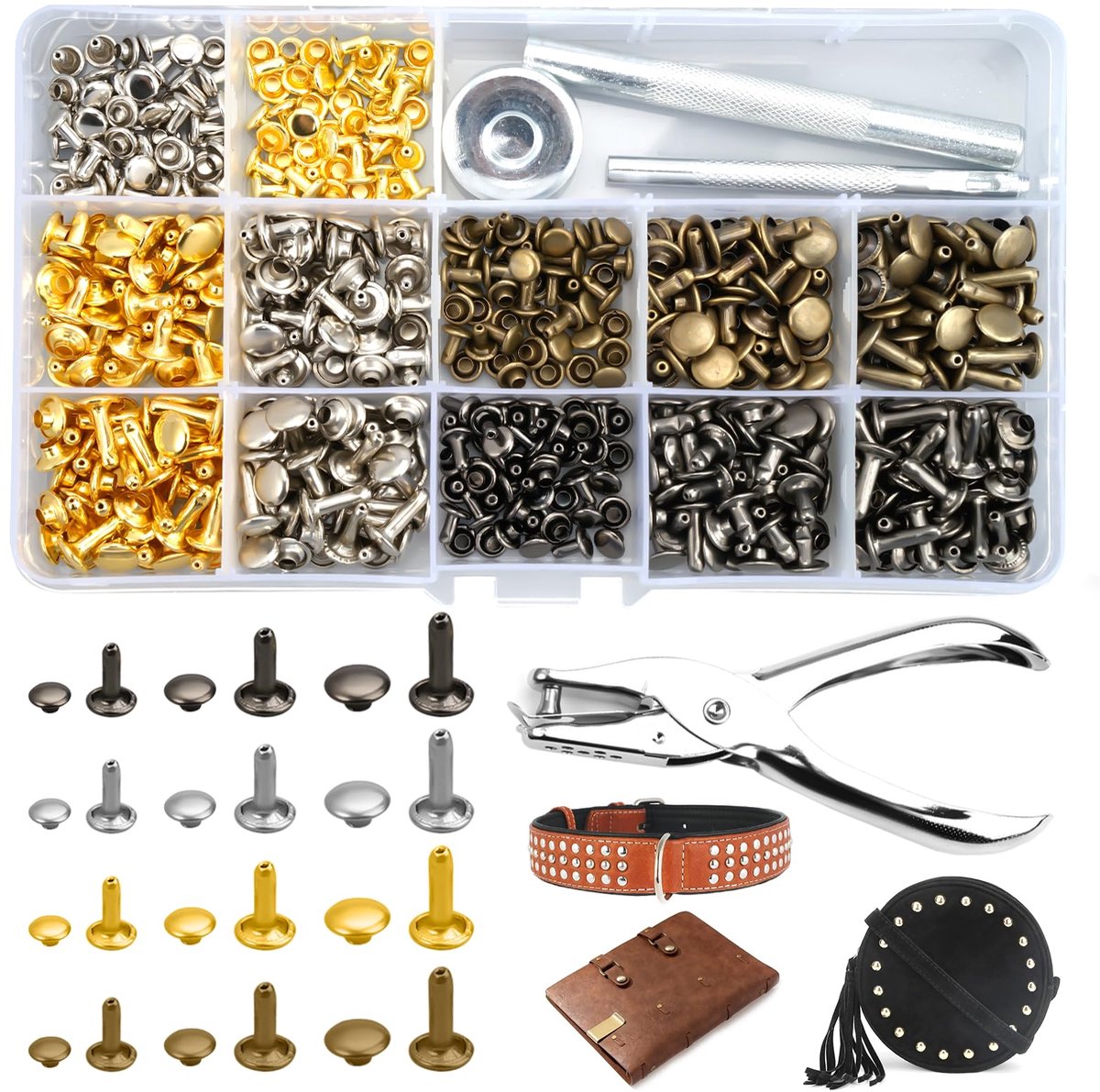 Dailygoods - 240 Set Leer Nieten - Dubbele Kap, Metaal, DIY Leeraccessoires
