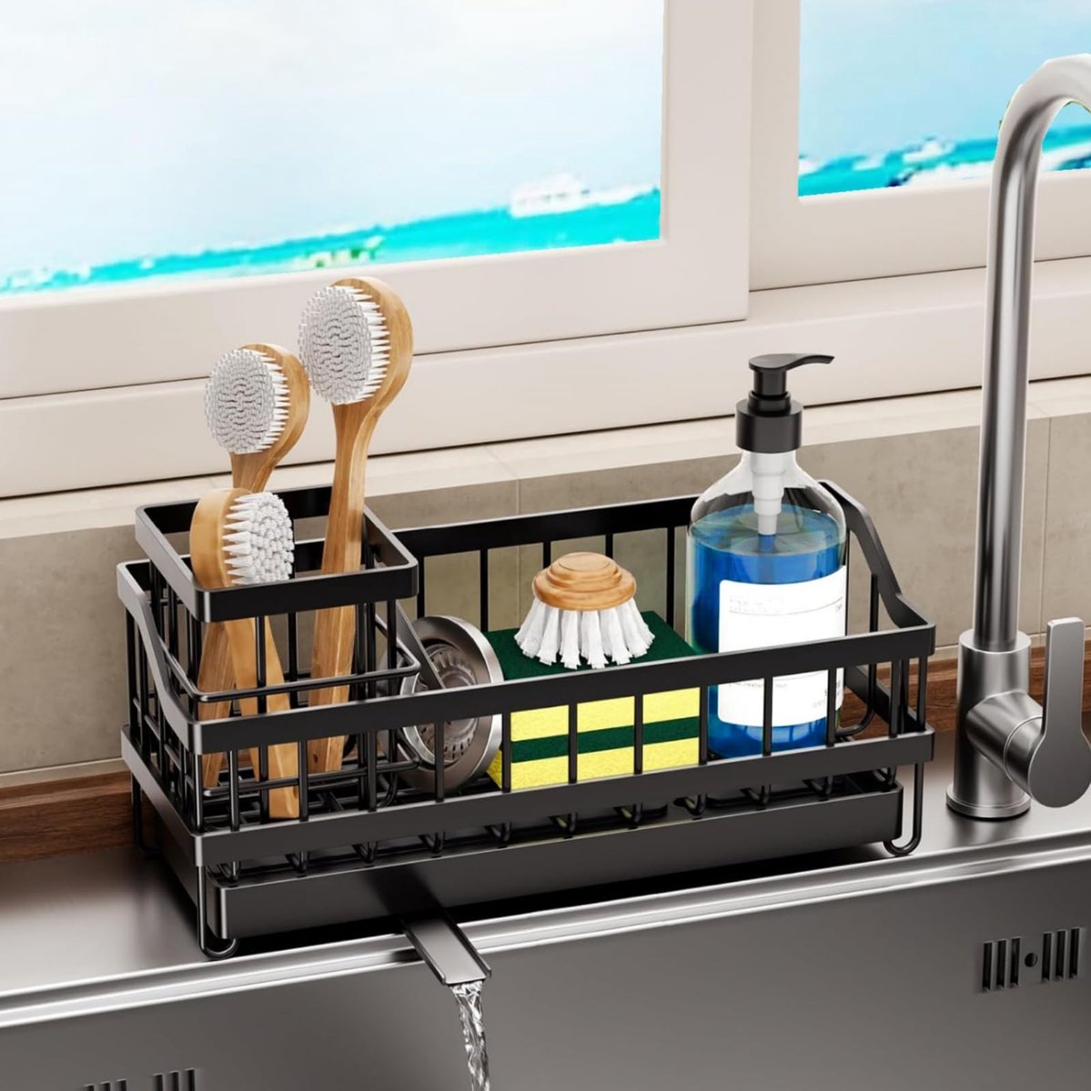 Dailygoods - Zwarte Afwas Organizer - Keuken Caddy met Afvoer en Afneembare Handdoekhouder