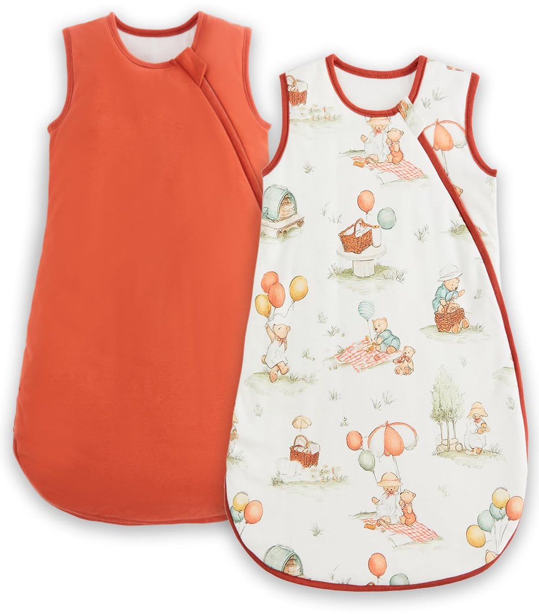 SnelShoppen - JiAmy Baby Slaapzak 1 1,5 TOG Katoenen Slaapzak 2 Pack, Unisex Draagbare Deken voor Pasgeborenen en Baby's 0-24 Maanden, Oranje Beer, 6-