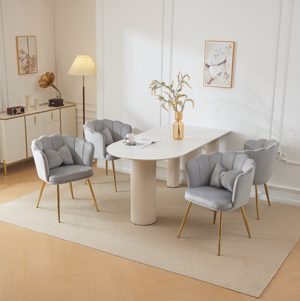 COVREO Eetkamerstoelen set van 4 - grijs velvet, kuipstoel, met armleuningen, metalen poten