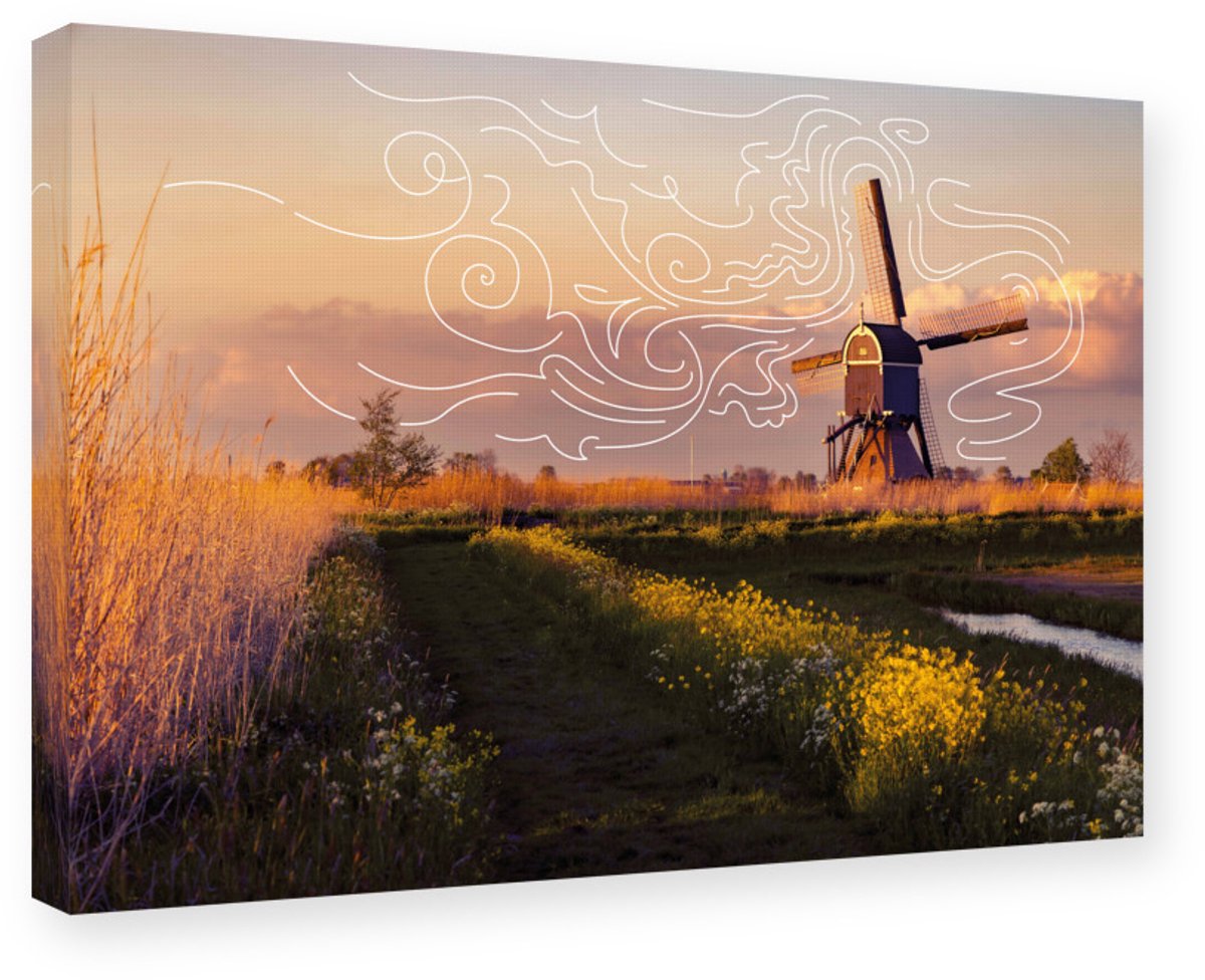 Windmolen Schilderij Canvas op Frame 30x20 cm - Wanddecoratie Nederland Zonsondergang - Ca