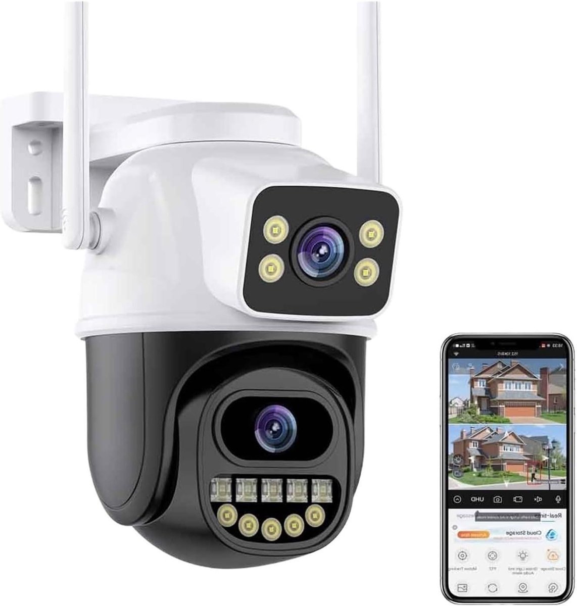 Beveiligingscamera Dubbele Lens - IP Camera Buiten - Woningbeveiliging - AI Menselijke Detectie - 8MP 4K - Wit