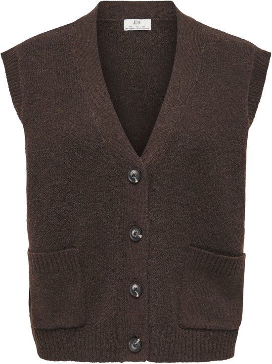 Bruin gebreid vest met V-hals, knopen en voorzakken. Het JDY-logo is zichtbaar in de hals.