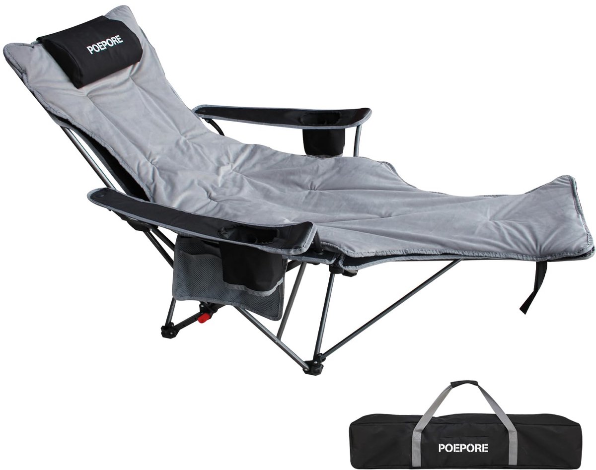 SnelShoppen - POEPORE Campingstoel Opvouwbaar met Voetensteun | 4-voudig Verstelbare Strandstoel, Ligstoel, Visstoel voor Volwassenen, Zwart met Watte