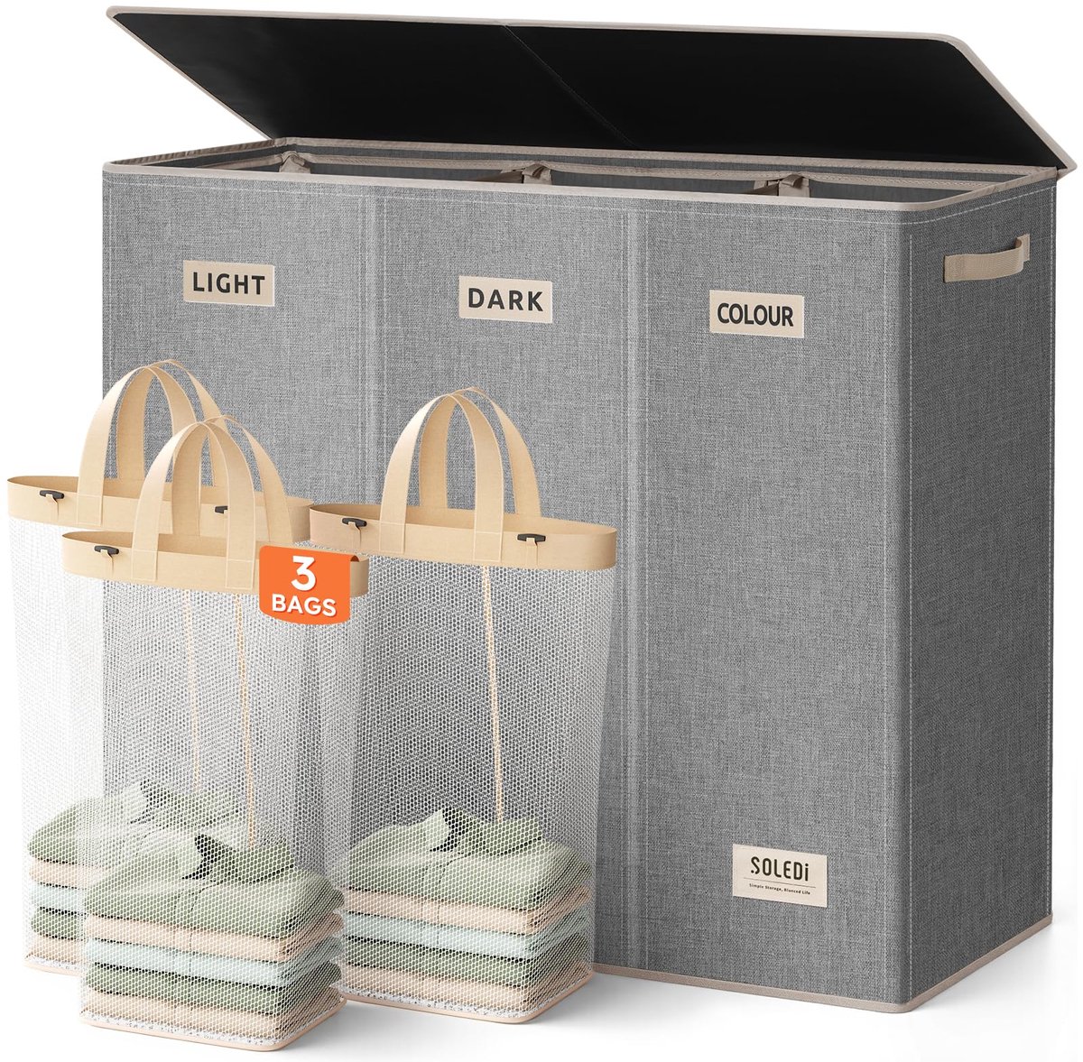 SnelShoppen - 200L Wasmand met Deksel en 3 Waszakken - Wasverzamelaar voor Badkamer, Slaapkamer, Wasruimte, Kinderkamer - Grote Wassorteerder XXXL in