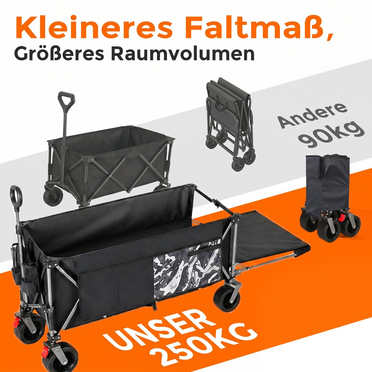 HAUSS SPOLE Tuinkar – 180 Cm Faltbaar Met Uitschuifbare Heckklep – Staal En Oxfordstof – Zwart En Grijs – Voor Strand En Tuin