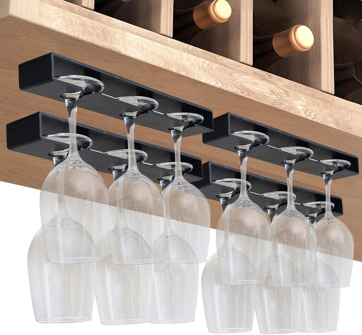 SnelShoppen - Vaisoeny Wijnglashouder 4 Stuks - Hangende Wijnglashouders Onder Kast - Glazenhouder voor Steelglazen - Organizer voor Keuken, Bar, Fees