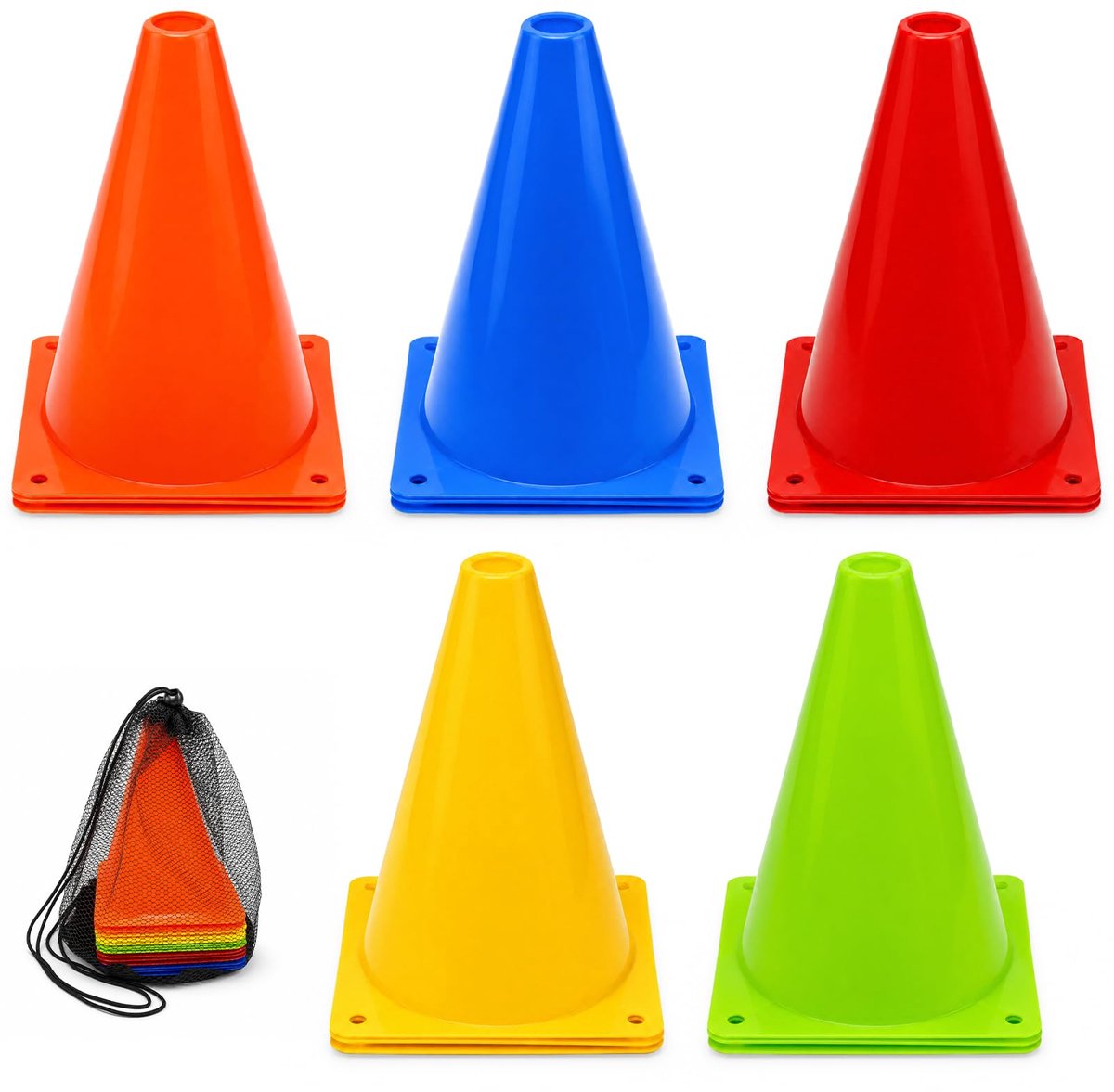 SnelShoppen - Trainingskegel voor Voetbal en Basketbal met Netzak - 15 Stuks - Ideaal voor Veldmarkering en Atleet Training - Duurzaam en Kleurenset